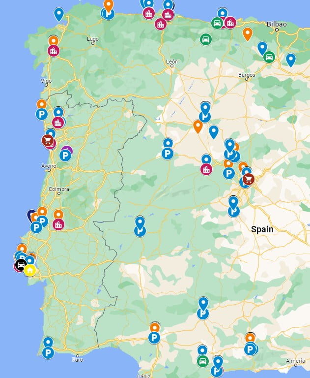 Planning waypoints on a map of Portugal and Spain