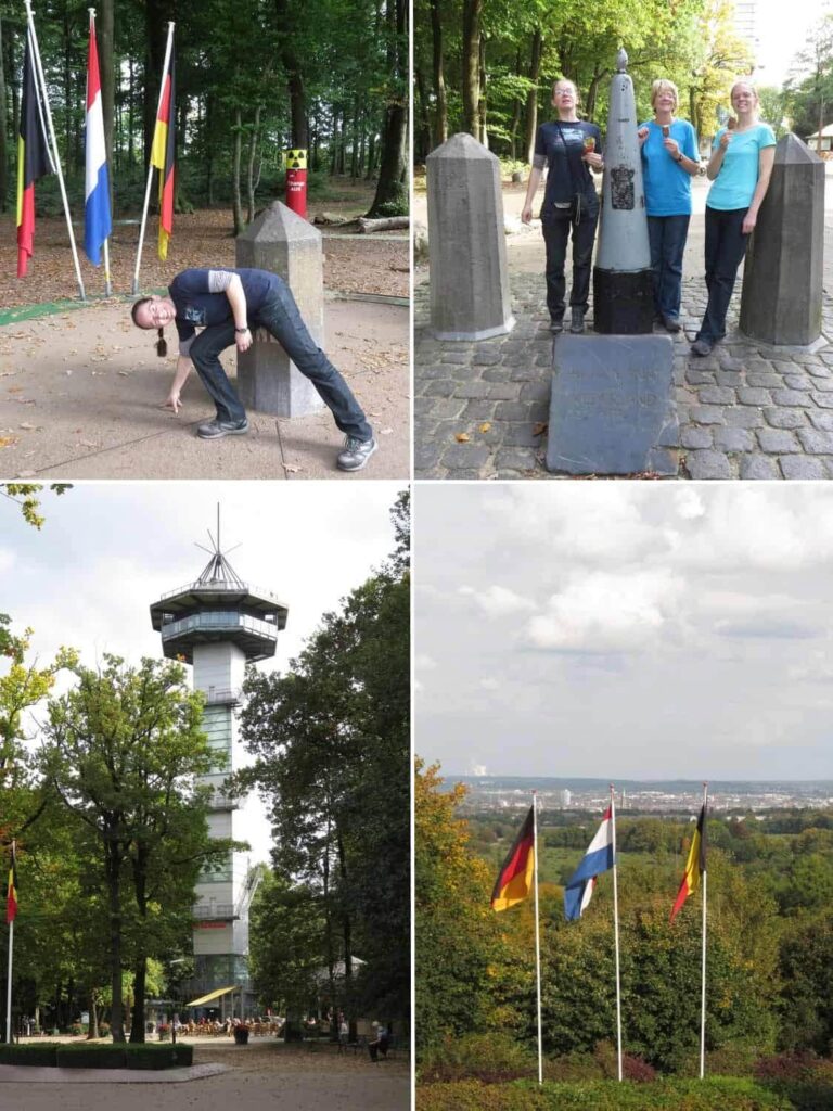 Four images: A person leaning on a tripoint marker with flags of Germany, Netherlands, and Belgium; three people at the tripoint; a tall observation tower in a forest near Aachen; and flags of Germany, Netherlands, and Belgium against a landscape reminiscent of Charlemagne's legacy.