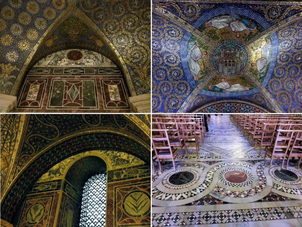 Alhambra Palace interior: A collage of four images showcasing intricate mosaic ceiling designs reminiscent of Charlemagne's Aachen, detailed wall patterns, a stained glass window with geometric lattice, and a marble floor with ornate circular designs and rows of wooden chairs.