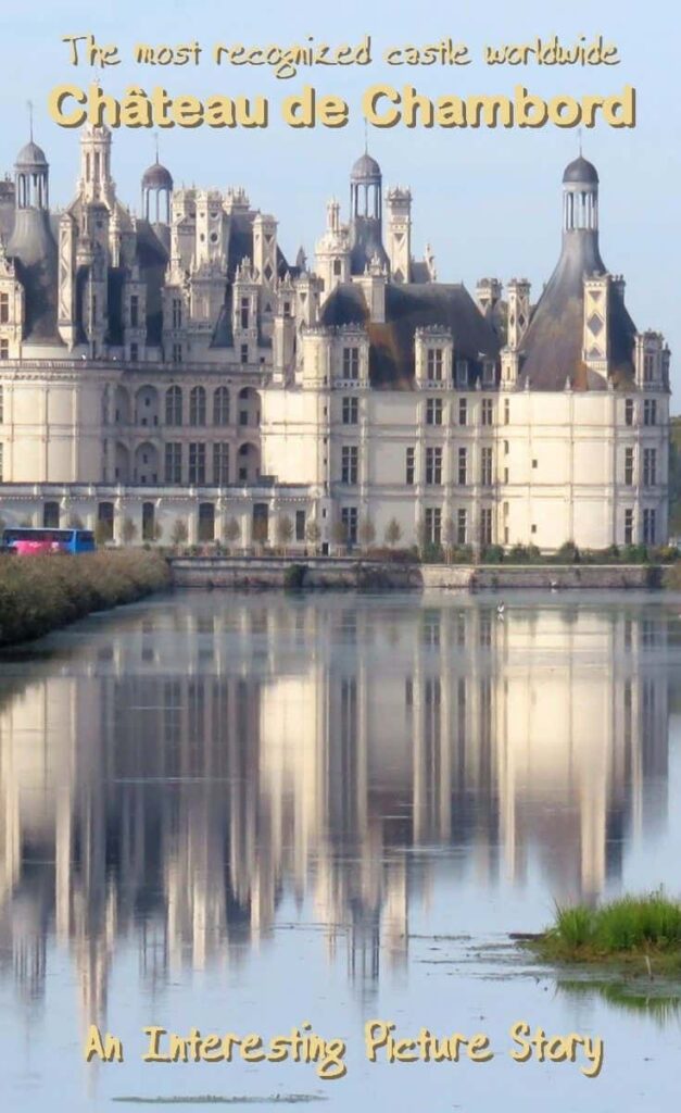 Scenic view of Château de Chambord, a grand French castle in the Loire Valley. Its intricate towers and spires are reflected in a calm river. The clear sky enhances the castle's impressive architecture, promoting it as a renowned landmark.