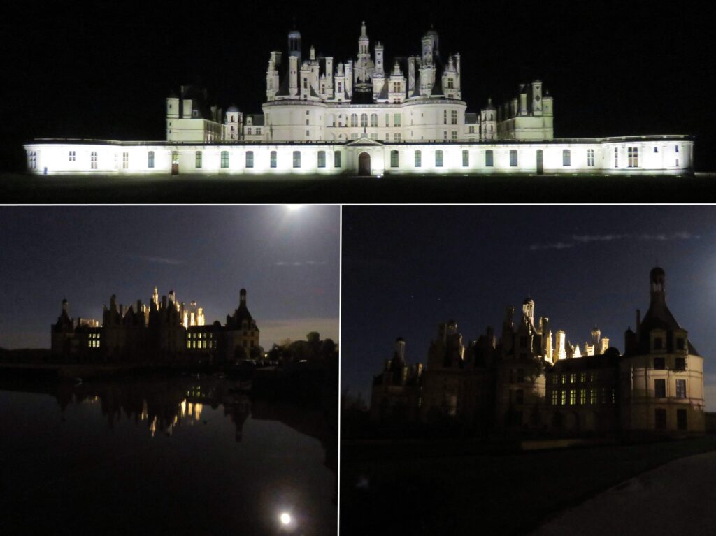 Three images of the Château de Chambord at night. Top: The château is fully illuminated. Bottom left: It reflects in a body of water under a bright moon above the Loire Valley. Bottom right: The château is partially visible in dim lighting.