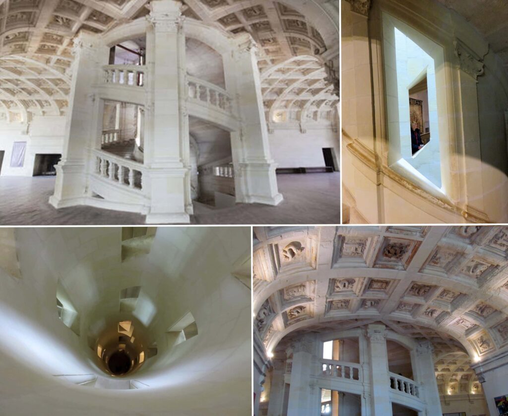 Collage of architectural images: a grand spiral staircase reminiscent of Château de Chambord, a window with thick stone walls found in the Loire Valley, a downward view of the spiral, and an ornate ceiling with intricate designs. The light-colored stone interior emphasizes historical elegance.
