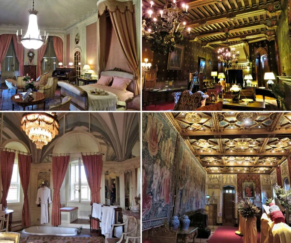Four pictures of an iconic Europe attraction, the De Haar Castle interior outside Utrecht Netherlands showing the lavish main bedroom and bathroom with two ornate rooms with incredibly detailed ceilings.