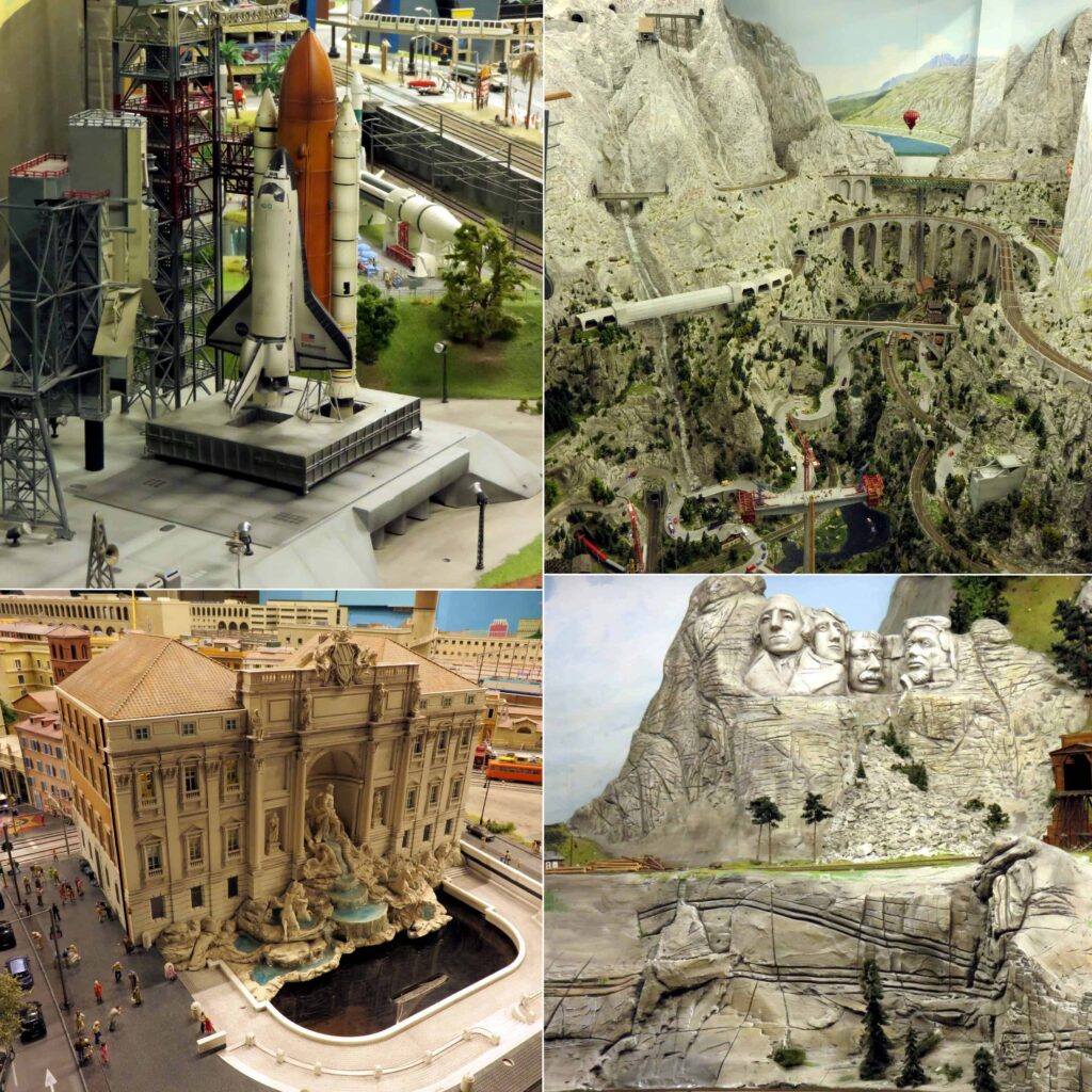 Collage of detailed dioramas: a space shuttle on a launch pad, a mountainous landscape with bridges and a hot air balloon, a building resembling Rome's Trevi Fountain, and a Mount Rushmore-like sculpture carved into a rocky hillside—all reminiscent of Miniatur Wunderland in Hamburg, Germany.