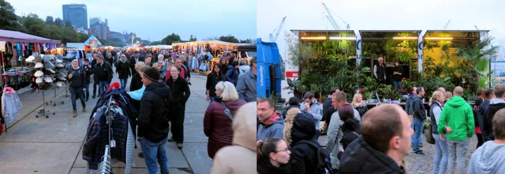 A bustling outdoor market scene reminiscent of Hamburg's famous Fischmarkt unfolds, with people browsing various stalls on a wide pathway. Nearby, a stall filled with lush green plants attracts a crowd. In the background, modern buildings and cranes are visible against the sky.